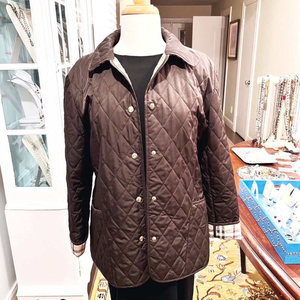 Ladies Burberry Quilted Chocolate Jacket, Size M, Plaid Lining, Great Condition